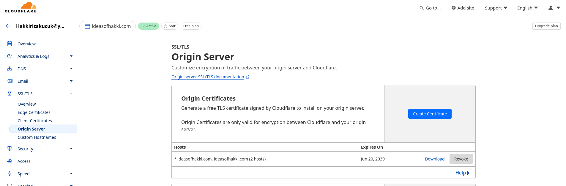 The image shows a screenshot of Cloudflare's 'SSL/TLS' > 'Origin Server' page.