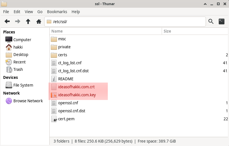 The image shows a screenshot of my file browser at '/etc/ssl/' folder path, with the Certificate and Private Key placed inside.