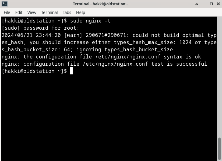 The image shows a screenshot of my terminal showing that nginx configuration is OK.