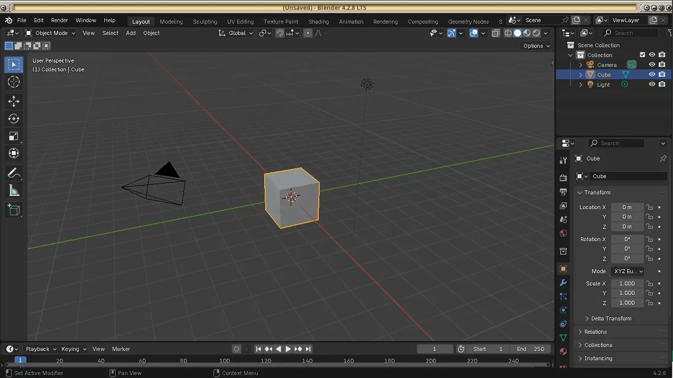 Screenshot of newly opened Blender.