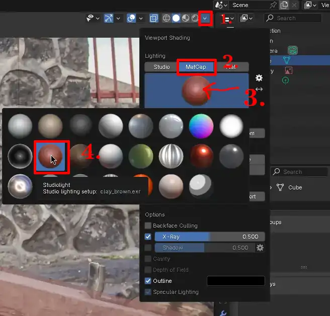 Steps to choose a MatCap for the viewport shading.