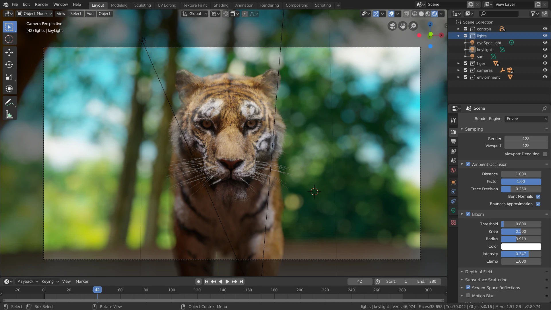 “Tiger” by Daniel Bystedt — The image shows a tiger rendered in real-time using Blender's EEVEE rendering engine.